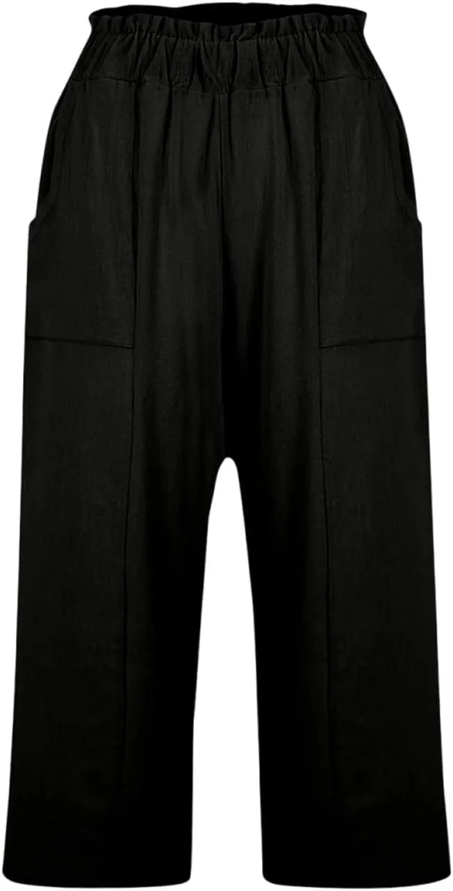 Gumipy Cotton Capri Pants for Women Smocked Elastic Waisted Wide Leg Linen Pants Loose Palazzo Cropped Trousers with Pockets