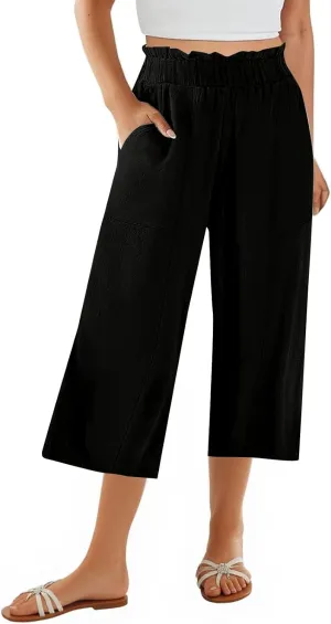 Gumipy Cotton Capri Pants for Women Smocked Elastic Waisted Wide Leg Linen Pants Loose Palazzo Cropped Trousers with Pockets