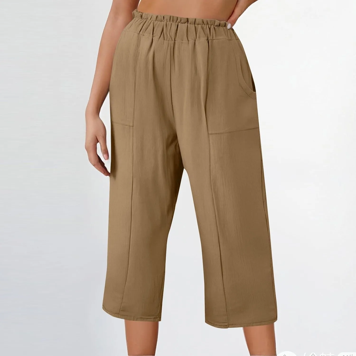Gumipy Cotton Capri Pants for Women Smocked Elastic Waisted Wide Leg Linen Pants Loose Palazzo Cropped Trousers with Pockets