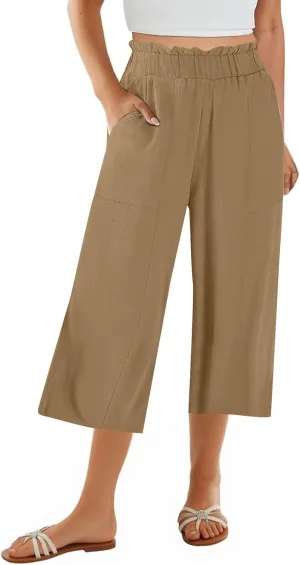Gumipy Cotton Capri Pants for Women Smocked Elastic Waisted Wide Leg Linen Pants Loose Palazzo Cropped Trousers with Pockets