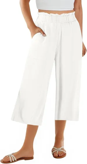 Gumipy Cotton Capri Pants for Women Smocked Elastic Waisted Wide Leg Linen Pants Loose Palazzo Cropped Trousers with Pockets