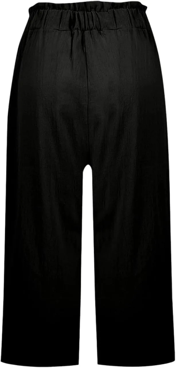 Gumipy Cotton Capri Pants for Women Smocked Elastic Waisted Wide Leg Linen Pants Loose Palazzo Cropped Trousers with Pockets