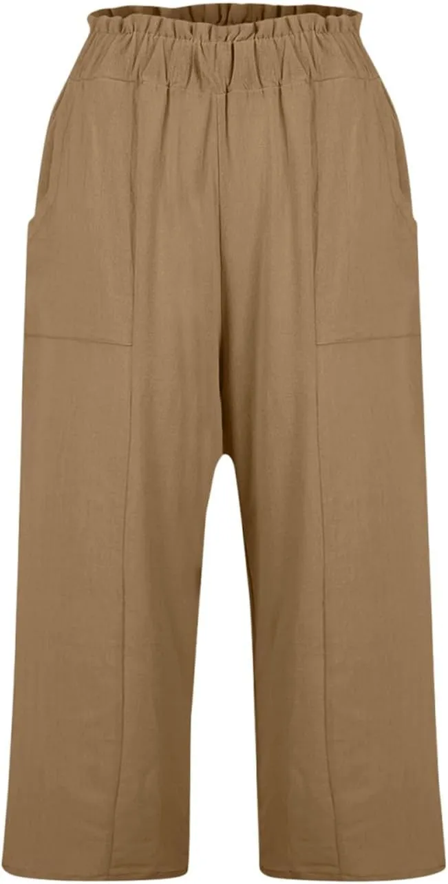 Gumipy Cotton Capri Pants for Women Smocked Elastic Waisted Wide Leg Linen Pants Loose Palazzo Cropped Trousers with Pockets