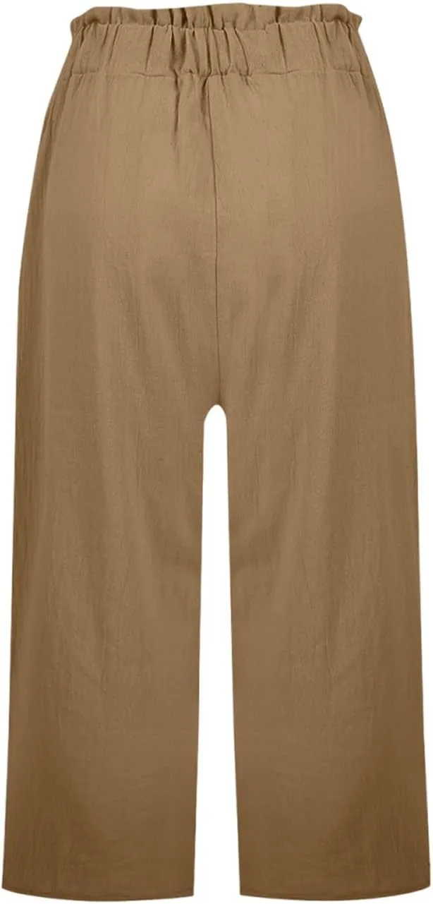 Gumipy Cotton Capri Pants for Women Smocked Elastic Waisted Wide Leg Linen Pants Loose Palazzo Cropped Trousers with Pockets