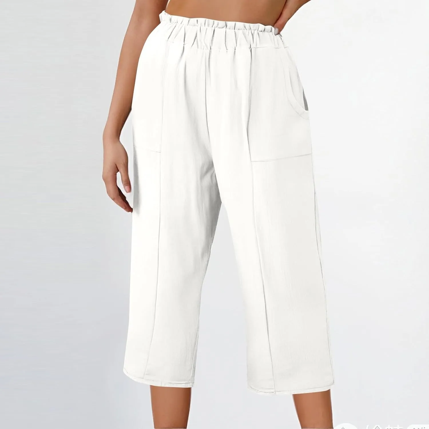 Gumipy Cotton Capri Pants for Women Smocked Elastic Waisted Wide Leg Linen Pants Loose Palazzo Cropped Trousers with Pockets