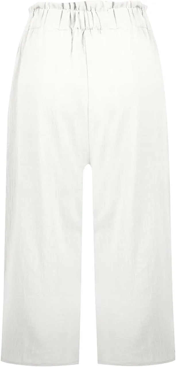 Gumipy Cotton Capri Pants for Women Smocked Elastic Waisted Wide Leg Linen Pants Loose Palazzo Cropped Trousers with Pockets