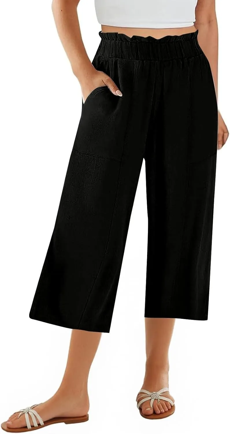 Gumipy Cotton Capri Pants for Women Smocked Elastic Waisted Wide Leg Linen Pants Loose Palazzo Cropped Trousers with Pockets