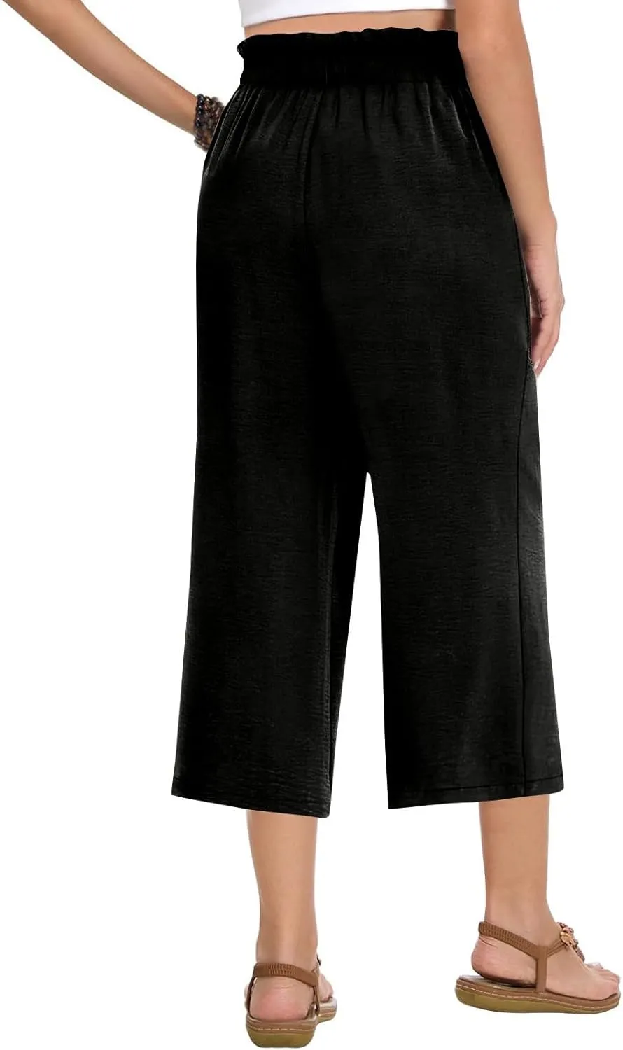 Gumipy Cotton Capri Pants for Women Smocked Elastic Waisted Wide Leg Linen Pants Loose Palazzo Cropped Trousers with Pockets