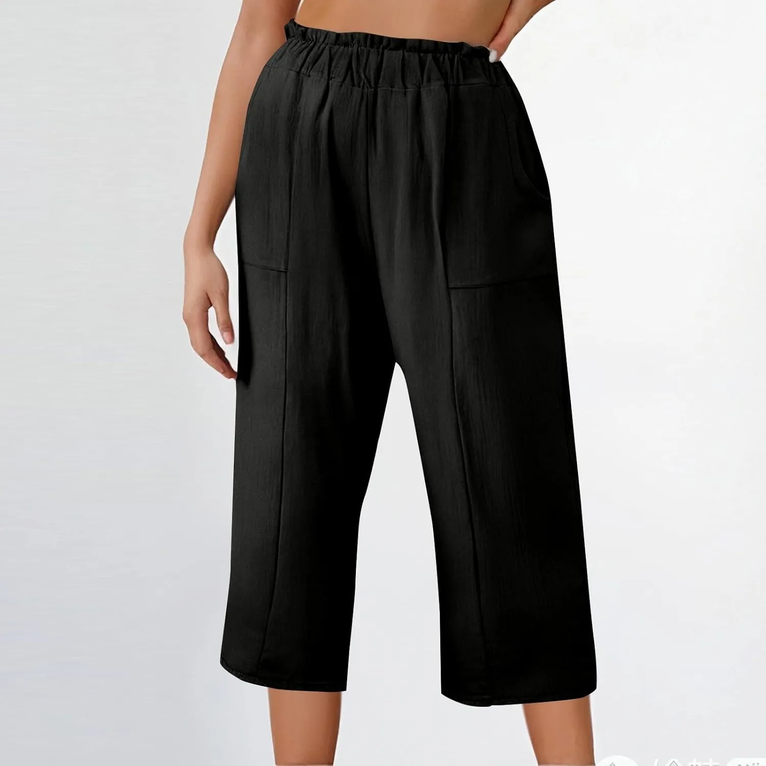Gumipy Cotton Capri Pants for Women Smocked Elastic Waisted Wide Leg Linen Pants Loose Palazzo Cropped Trousers with Pockets