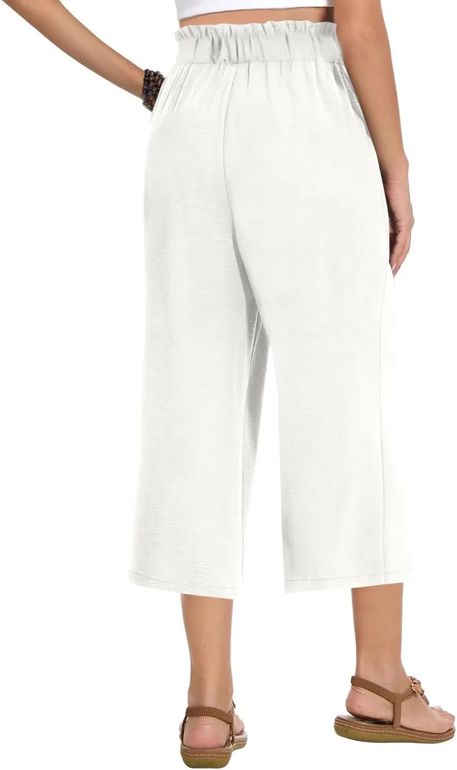 Gumipy Cotton Capri Pants for Women Smocked Elastic Waisted Wide Leg Linen Pants Loose Palazzo Cropped Trousers with Pockets
