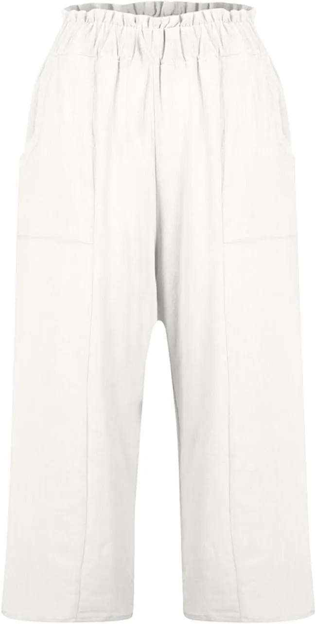 Gumipy Cotton Capri Pants for Women Smocked Elastic Waisted Wide Leg Linen Pants Loose Palazzo Cropped Trousers with Pockets