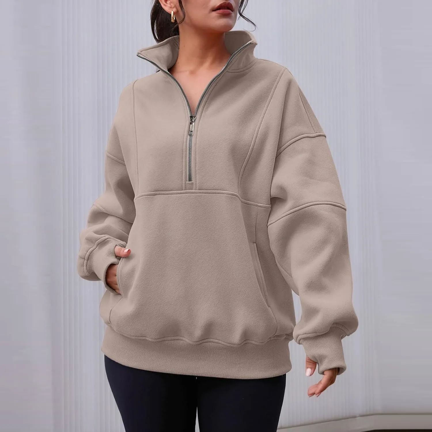 Half Zip Pullover Women Cropped Fleece Oversized Sweatshirt Long Sleeve Thumb Hole Quarter Zipper Hoodies with Pockets