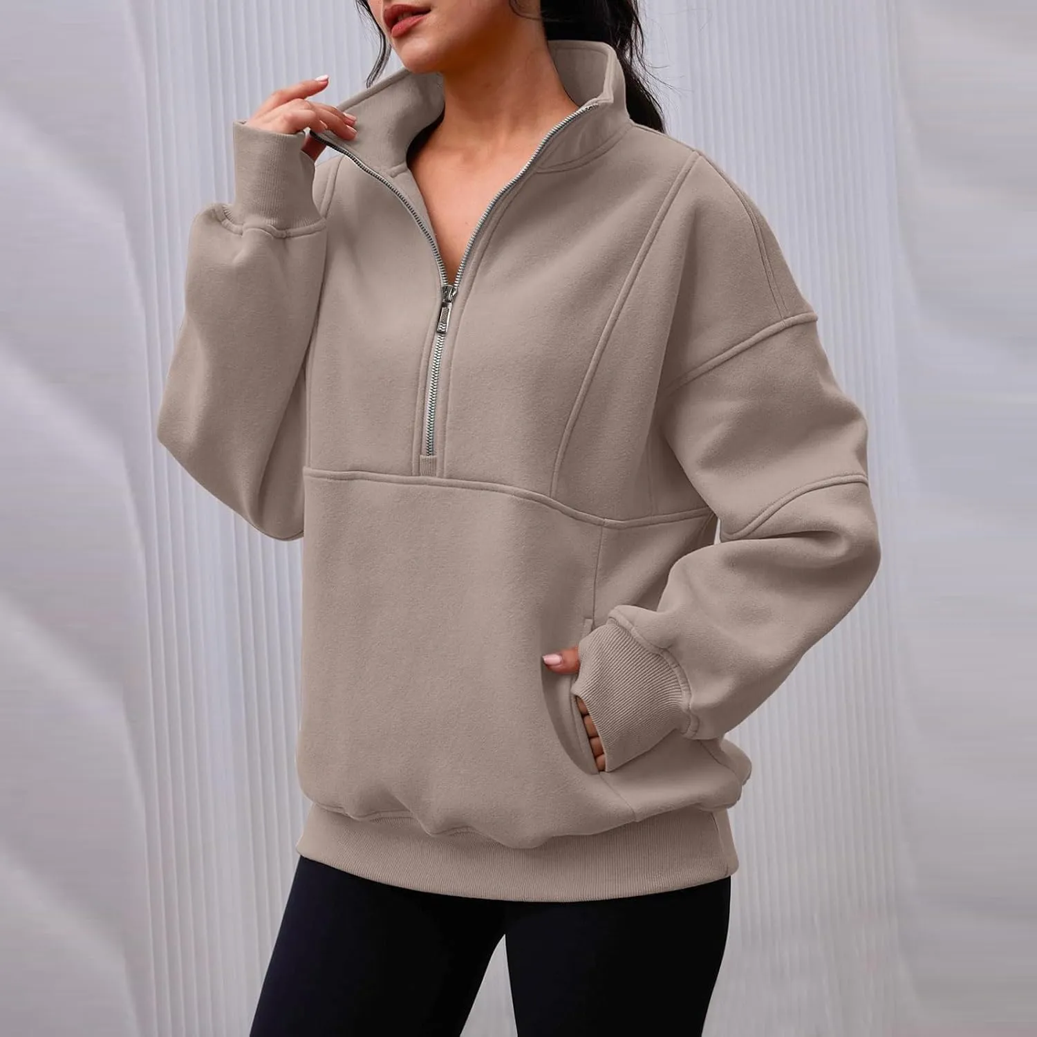 Half Zip Pullover Women Cropped Fleece Oversized Sweatshirt Long Sleeve Thumb Hole Quarter Zipper Hoodies with Pockets