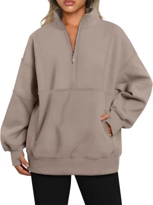 Half Zip Pullover Women Cropped Fleece Oversized Sweatshirt Long Sleeve Thumb Hole Quarter Zipper Hoodies with Pockets