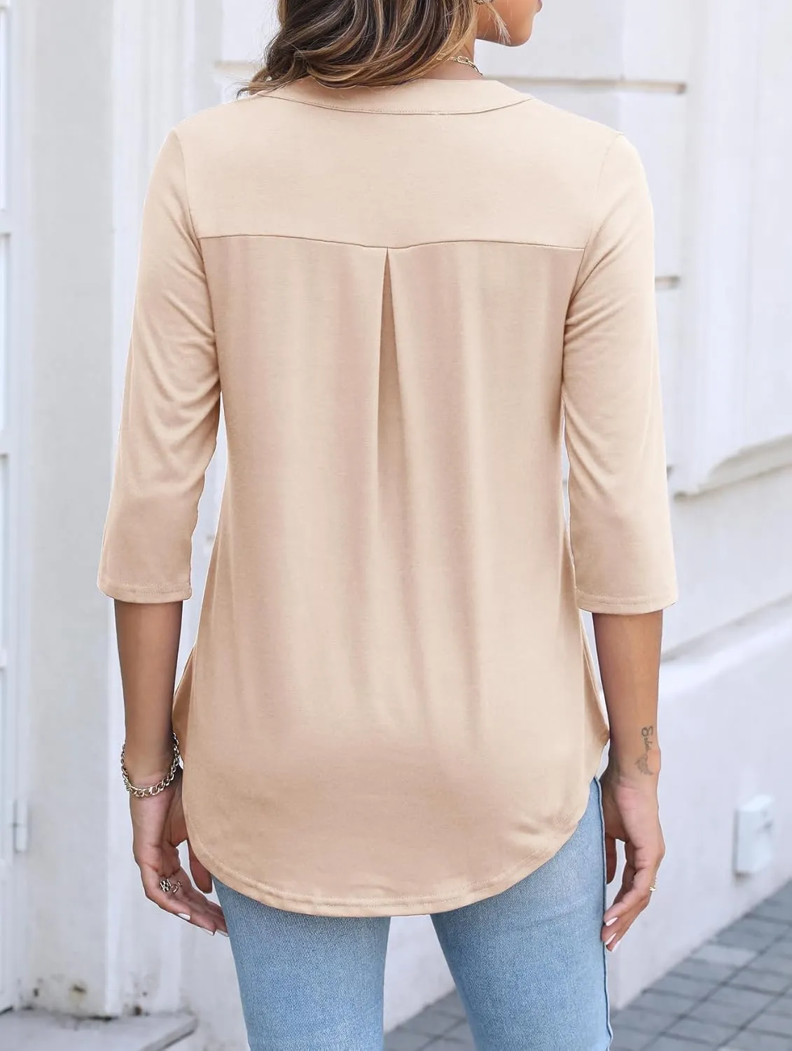 Halife Women's 3/4 Length Sleeve V Neck Flowy Tunic Blouses Work Tops Shirts with Zippers