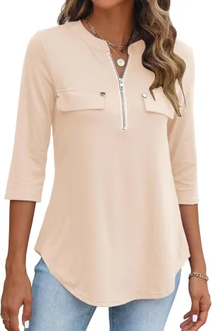 Halife Women's 3/4 Length Sleeve V Neck Flowy Tunic Blouses Work Tops Shirts with Zippers