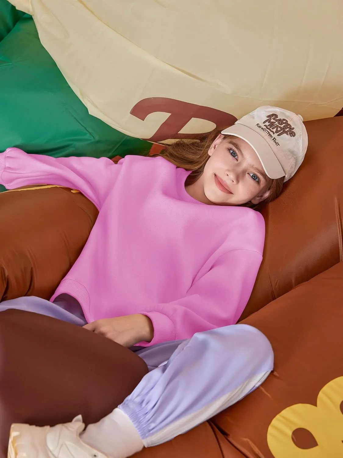Haloumoning Girls Oversized Crewneck Sweatshirts Kids Fashion Fleece Drop Shoulder Pullover 5-14 Years