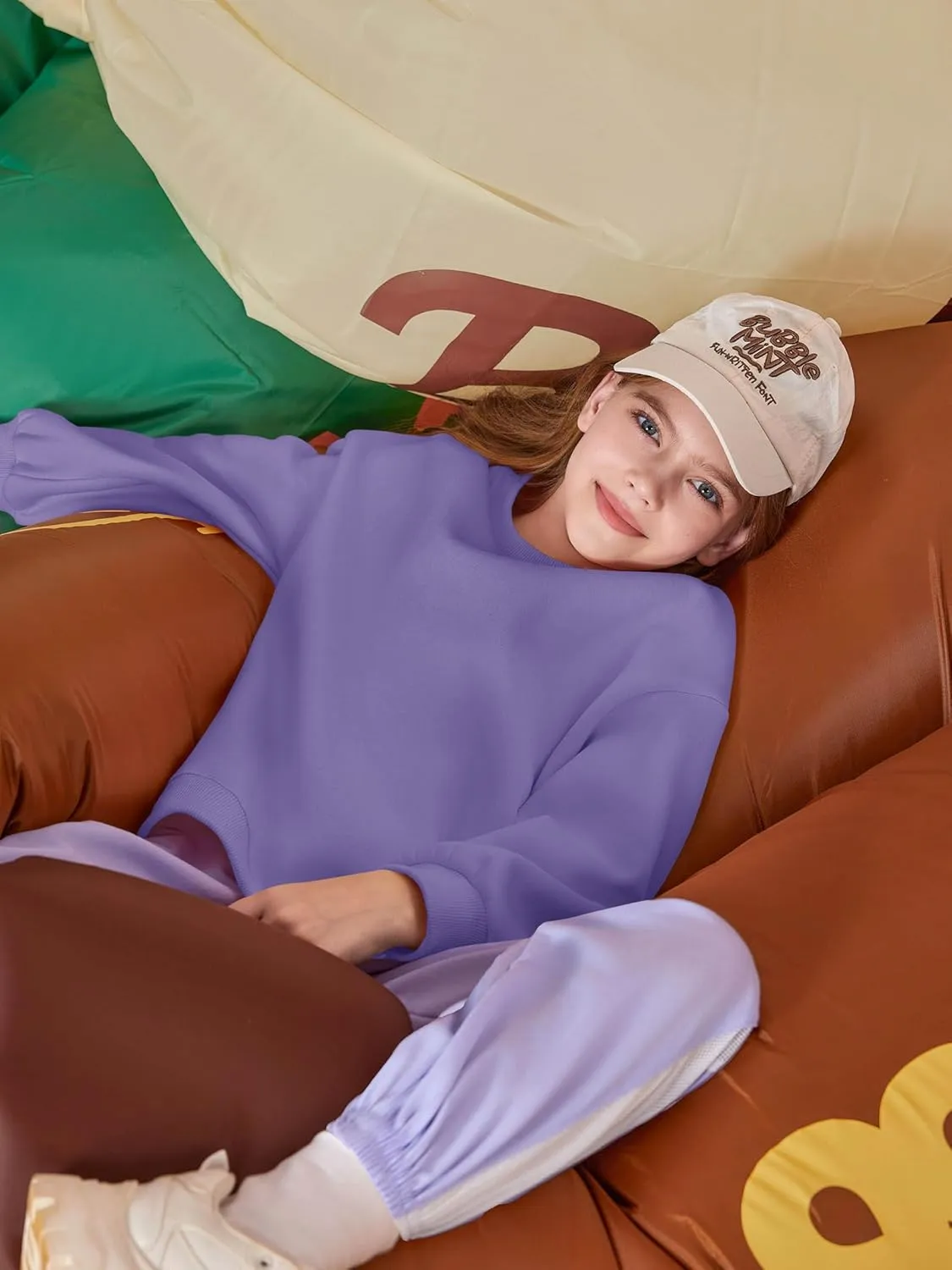 Haloumoning Girls Oversized Crewneck Sweatshirts Kids Fashion Fleece Drop Shoulder Pullover 5-14 Years