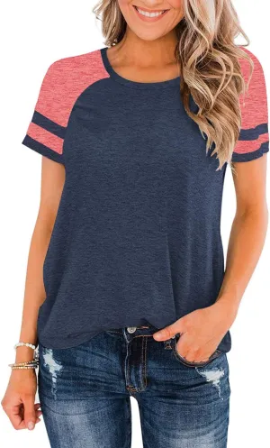 Heymiss Womens Shirts Casual Tunic Tops Color Block Crewneck Summer Loose Fitting Workout Tee Shirts