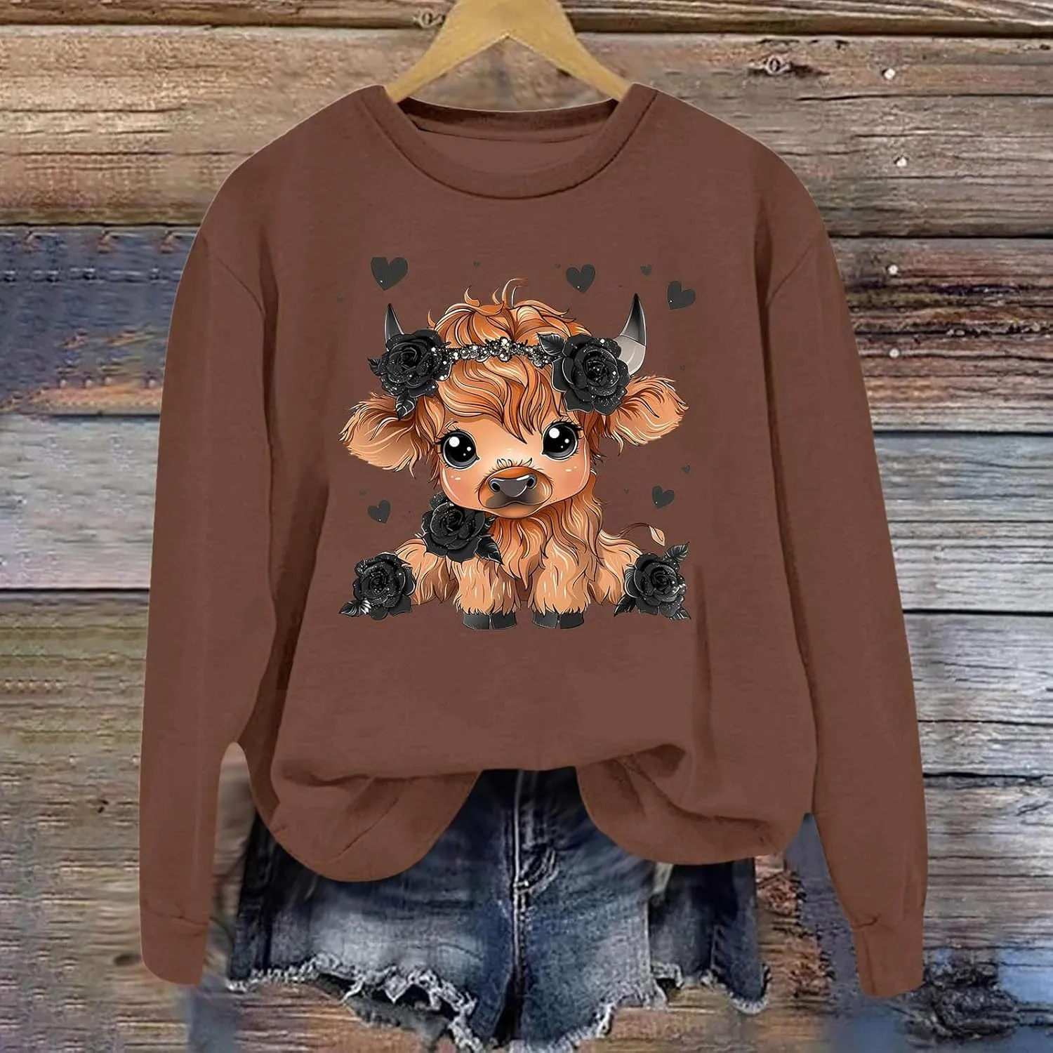 Highland Cow Sweatshirts for Women Funny Cute Casusl Loose Hoodies Western Cow Print Shirt Country Western Sweatshirt