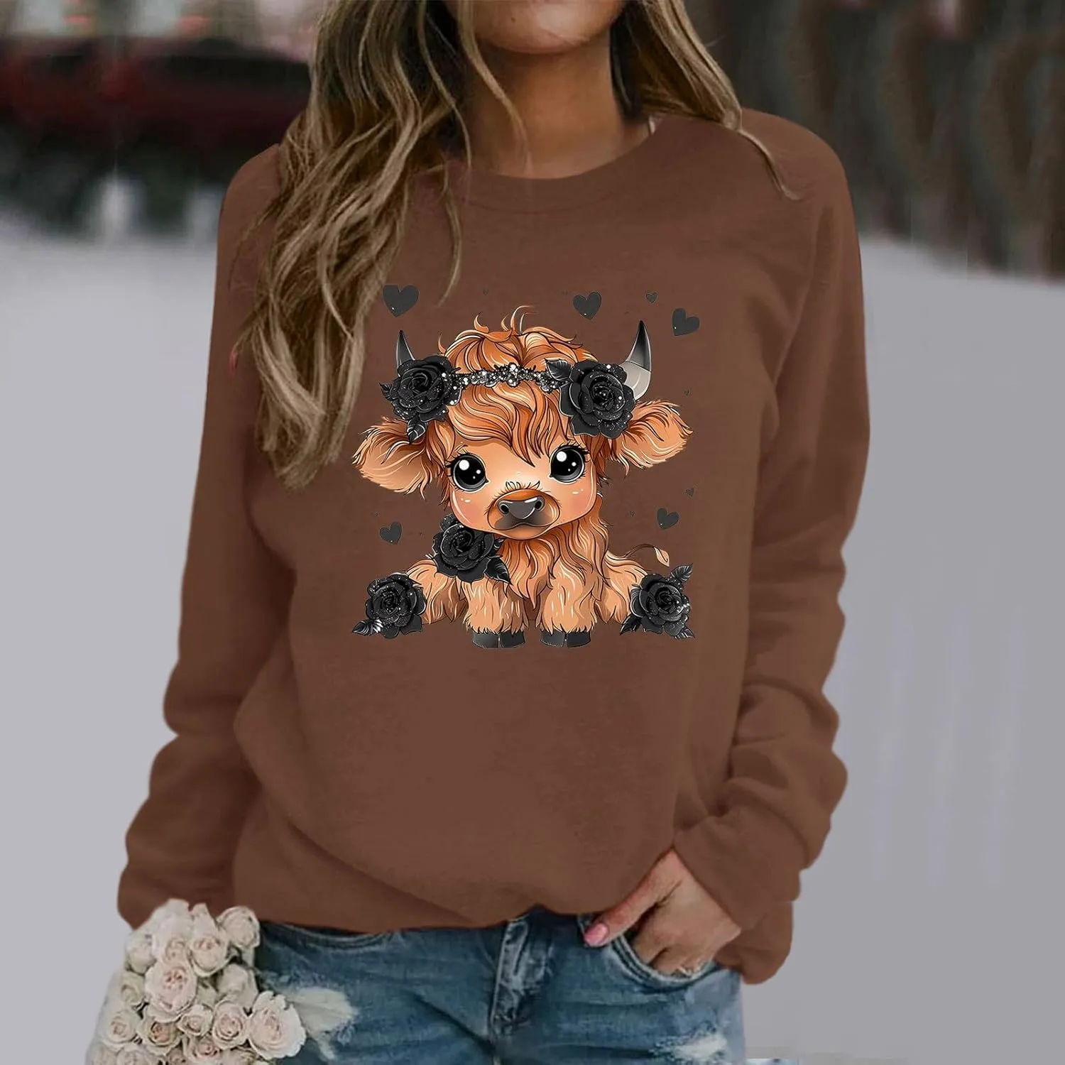 Highland Cow Sweatshirts for Women Funny Cute Casusl Loose Hoodies Western Cow Print Shirt Country Western Sweatshirt