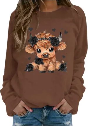 Highland Cow Sweatshirts for Women Funny Cute Casusl Loose Hoodies Western Cow Print Shirt Country Western Sweatshirt