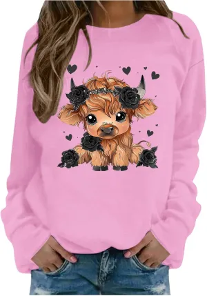 Highland Cow Sweatshirts for Women Funny Cute Casusl Loose Hoodies Western Cow Print Shirt Country Western Sweatshirt