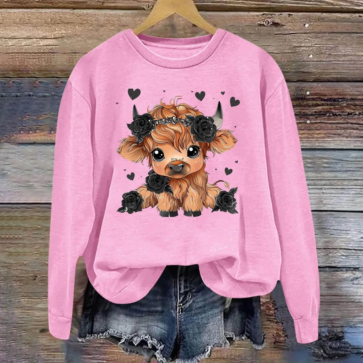 Highland Cow Sweatshirts for Women Funny Cute Casusl Loose Hoodies Western Cow Print Shirt Country Western Sweatshirt