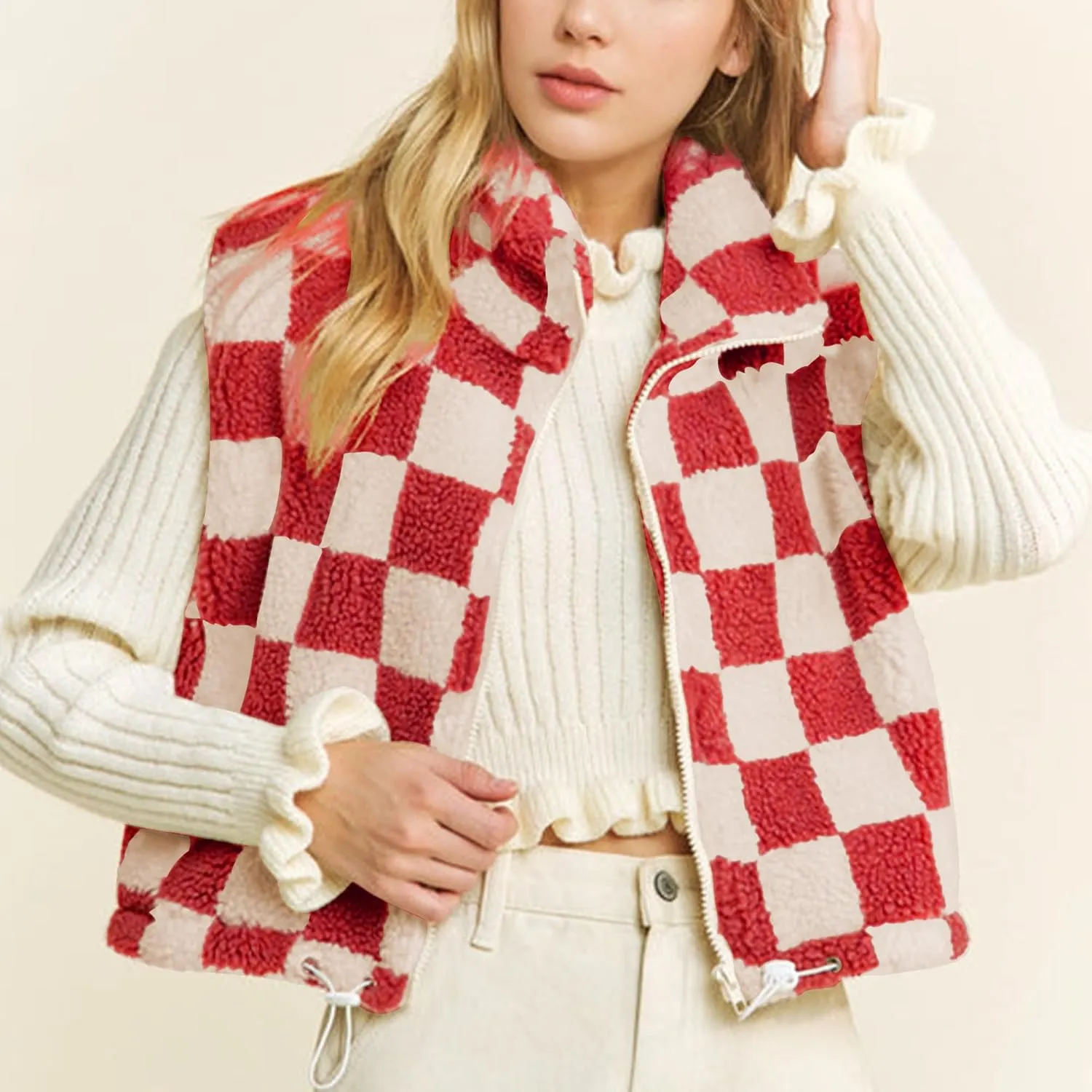Hixiaohe Womens Checkered Cropped Sherpa Fleece Vest High Collared Sleeveless Jacket Zip Up Vests Casual Warm Outwear Gilet