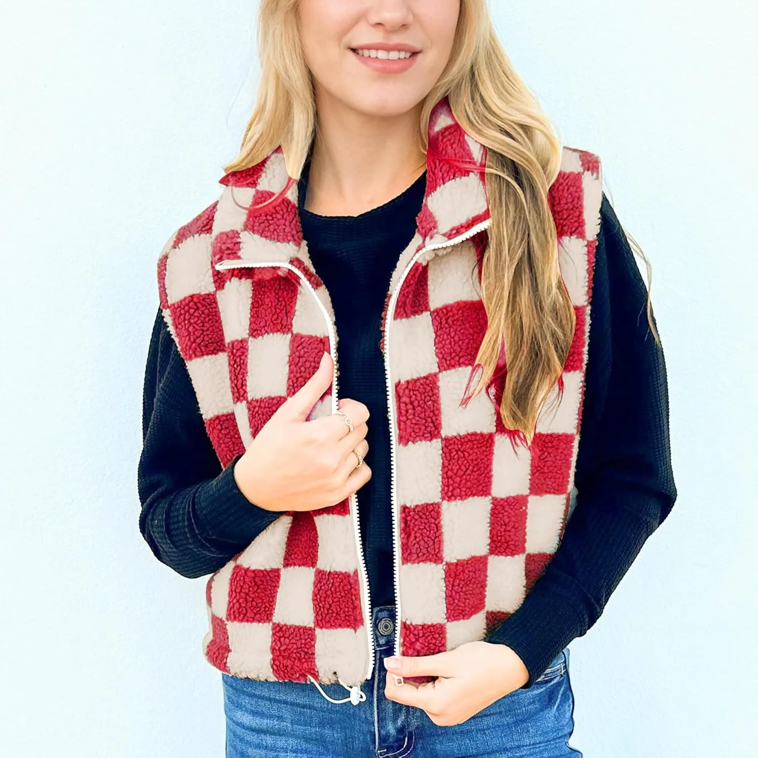 Hixiaohe Womens Checkered Cropped Sherpa Fleece Vest High Collared Sleeveless Jacket Zip Up Vests Casual Warm Outwear Gilet