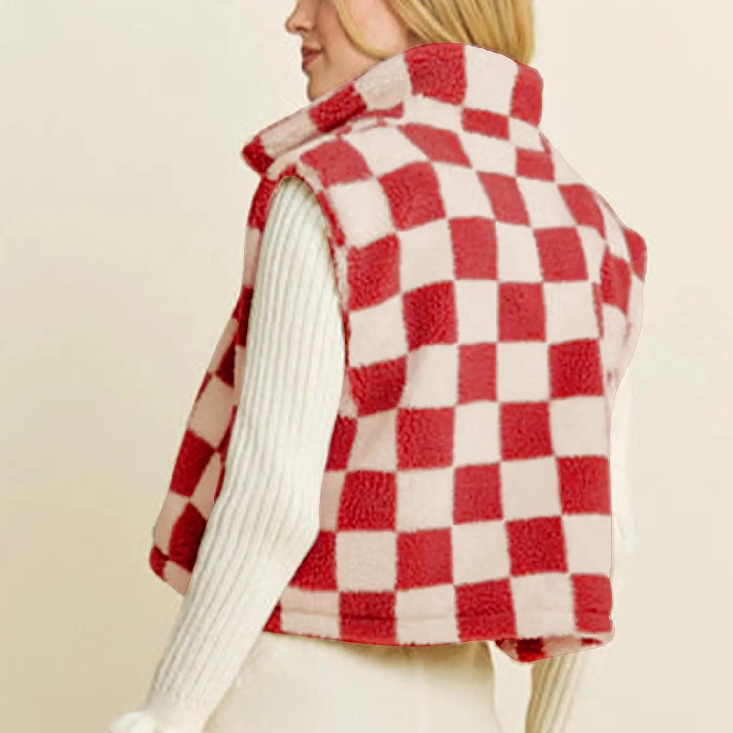 Hixiaohe Womens Checkered Cropped Sherpa Fleece Vest High Collared Sleeveless Jacket Zip Up Vests Casual Warm Outwear Gilet