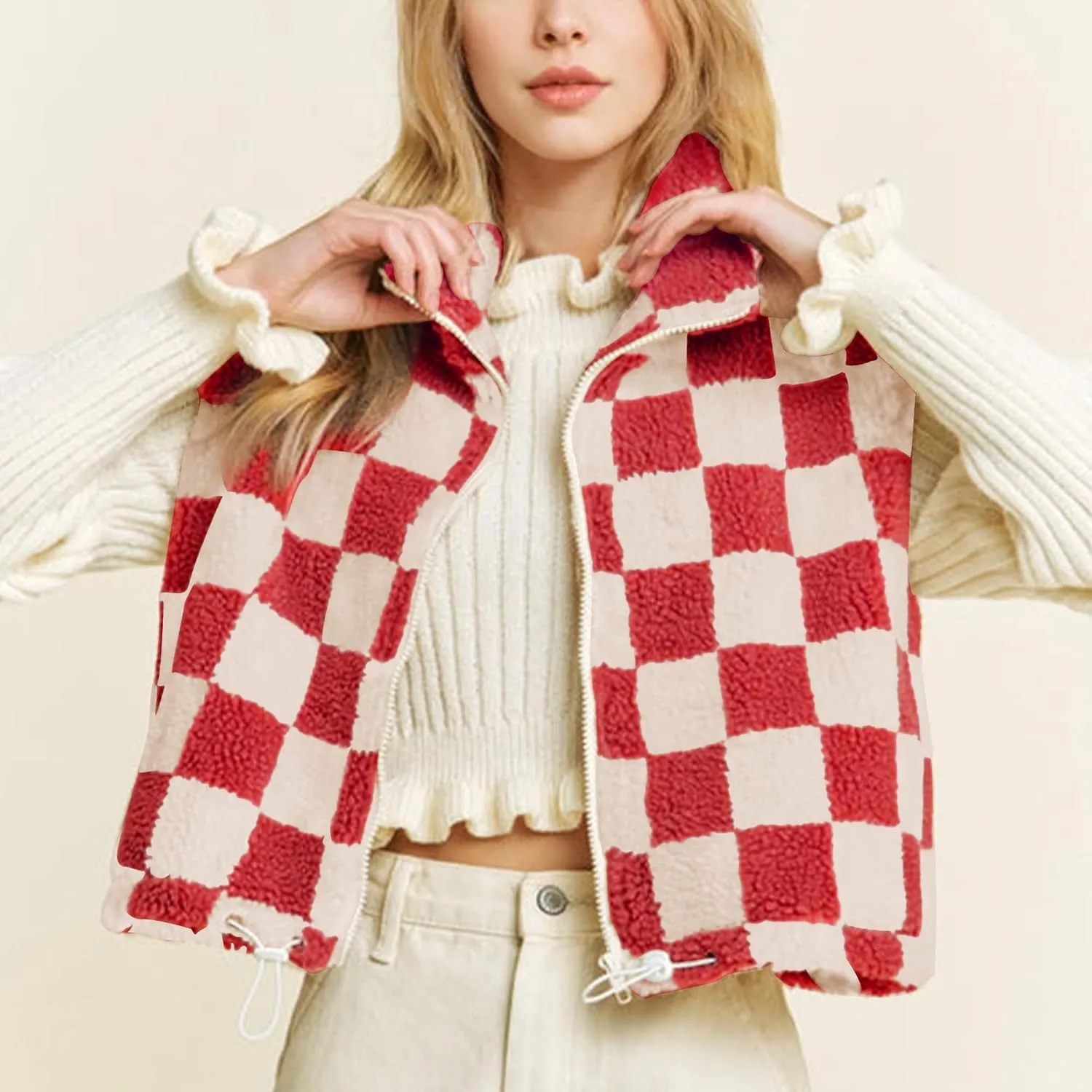 Hixiaohe Womens Checkered Cropped Sherpa Fleece Vest High Collared Sleeveless Jacket Zip Up Vests Casual Warm Outwear Gilet