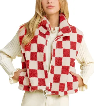 Hixiaohe Womens Checkered Cropped Sherpa Fleece Vest High Collared Sleeveless Jacket Zip Up Vests Casual Warm Outwear Gilet