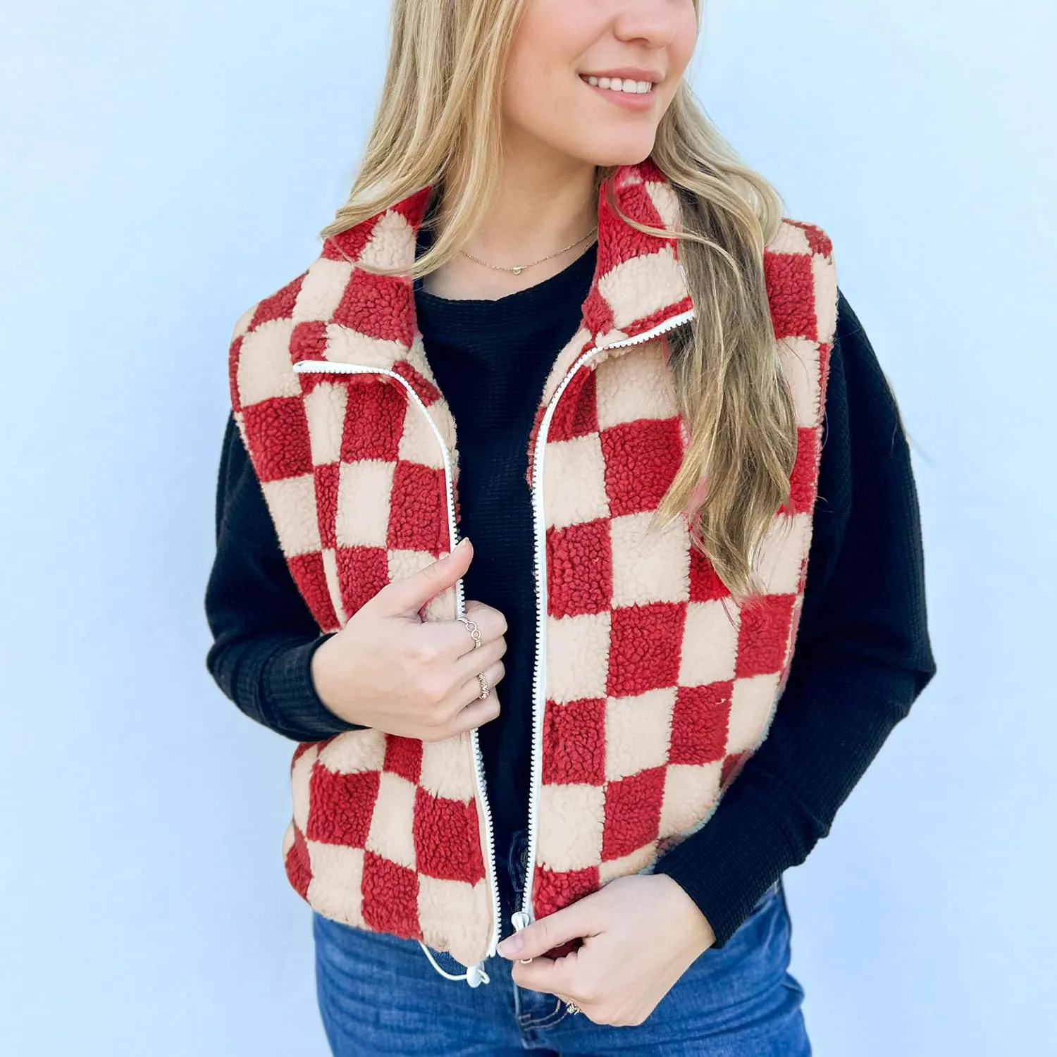 Hixiaohe Womens Checkered Cropped Sherpa Fleece Vest High Collared Sleeveless Jacket Zip Up Vests Casual Warm Outwear Gilet