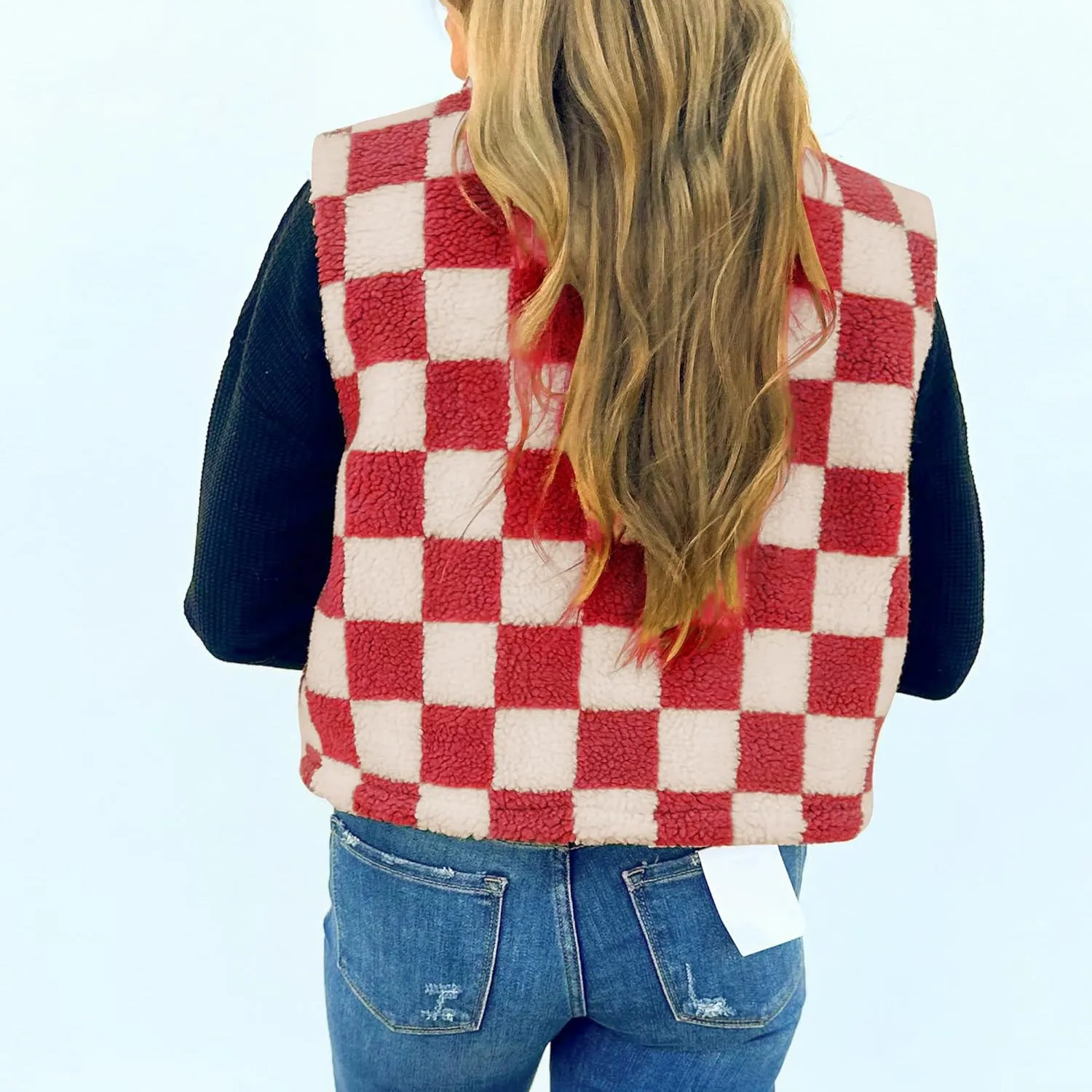 Hixiaohe Womens Checkered Cropped Sherpa Fleece Vest High Collared Sleeveless Jacket Zip Up Vests Casual Warm Outwear Gilet