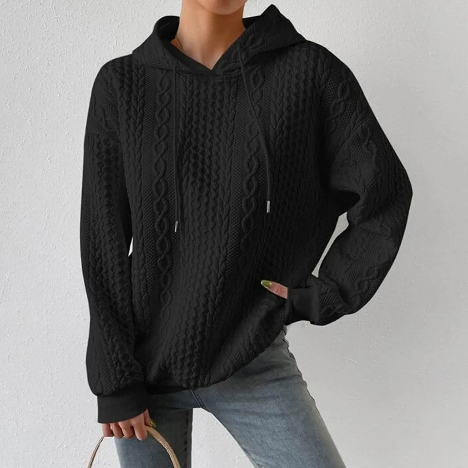 Hoodie Sweaters for Women Cable Knit Slouchy Long Sleeve Oversized Sweatshirt Cozy Chunky Y2K Hoodie Drawstring Pullover Tops