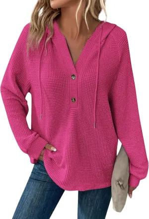 Hoodies for Women Waffle Knit Drawstring Button V Neck Long Sleeve Casual Pullover Sweatshirt Hooded Tops Oversized