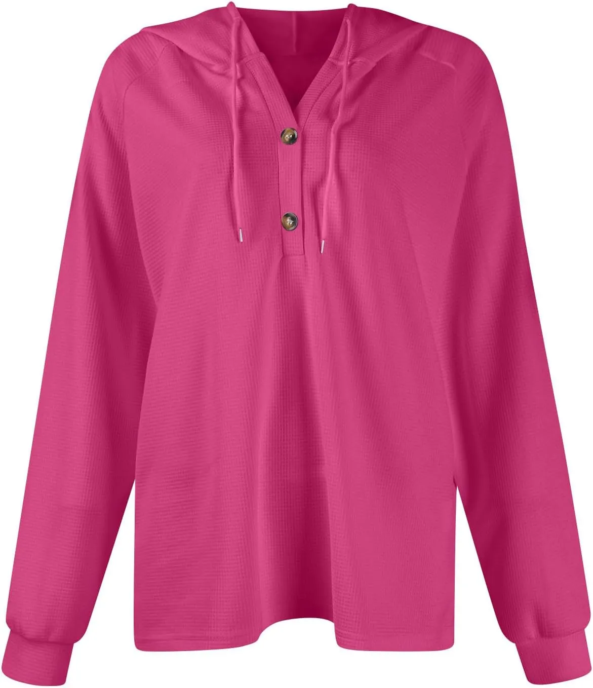 Hoodies for Women Waffle Knit Drawstring Button V Neck Long Sleeve Casual Pullover Sweatshirt Hooded Tops Oversized