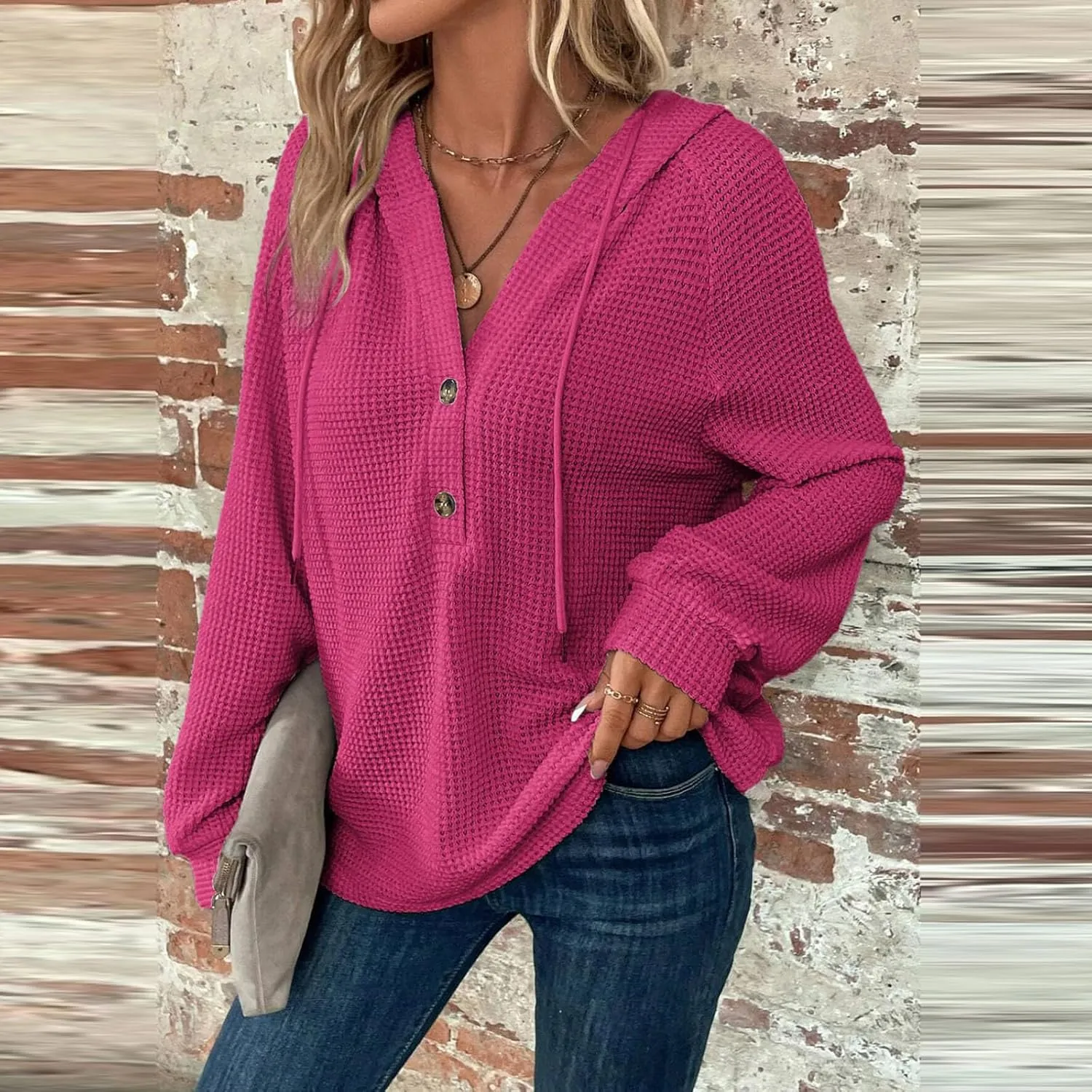 Hoodies for Women Waffle Knit Drawstring Button V Neck Long Sleeve Casual Pullover Sweatshirt Hooded Tops Oversized