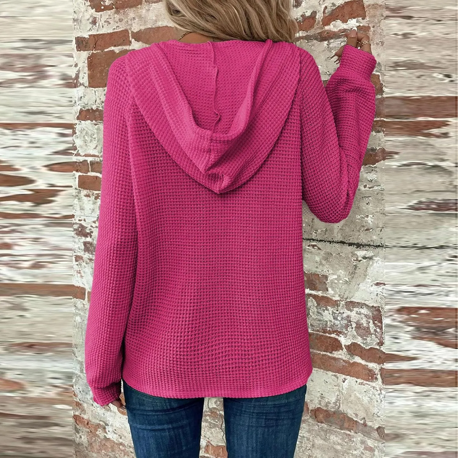 Hoodies for Women Waffle Knit Drawstring Button V Neck Long Sleeve Casual Pullover Sweatshirt Hooded Tops Oversized