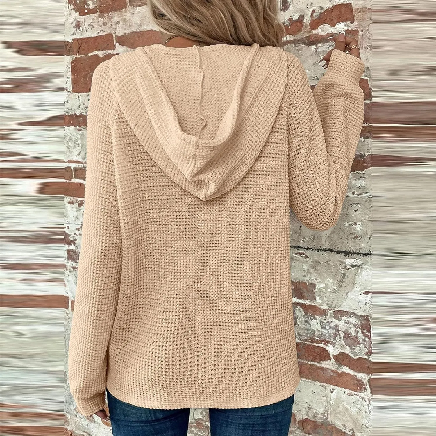 Hoodies for Women Waffle Knit Long Sleeve Drawstring Button V Neck Casual Pullover Sweatshirt Hooded Sweaters Tops