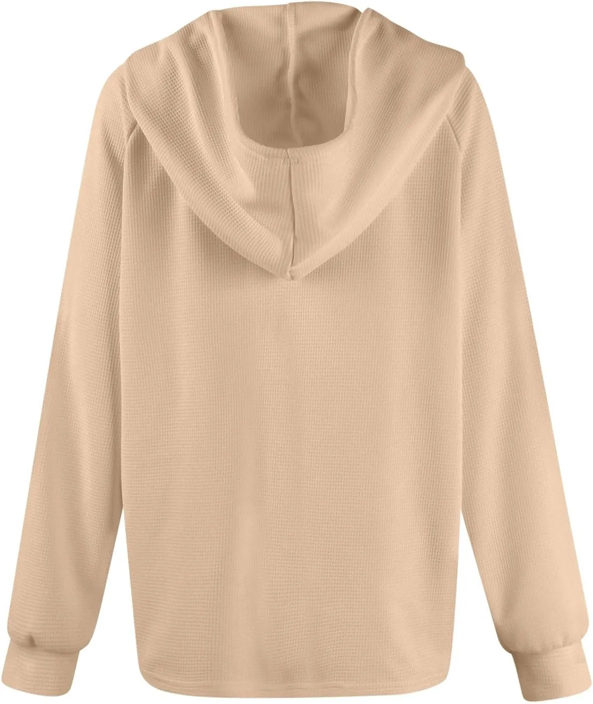Hoodies for Women Waffle Knit Long Sleeve Drawstring Button V Neck Casual Pullover Sweatshirt Hooded Sweaters Tops