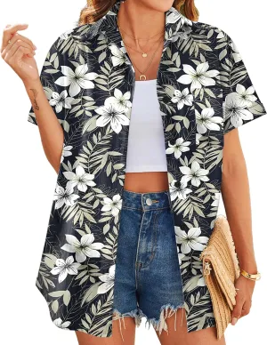 HOTOUCH Hawaiian Shirts for Women Summer Cool Hawaii Floral Tropic Print Blouses Beach Short Sleeve Button Up Tops