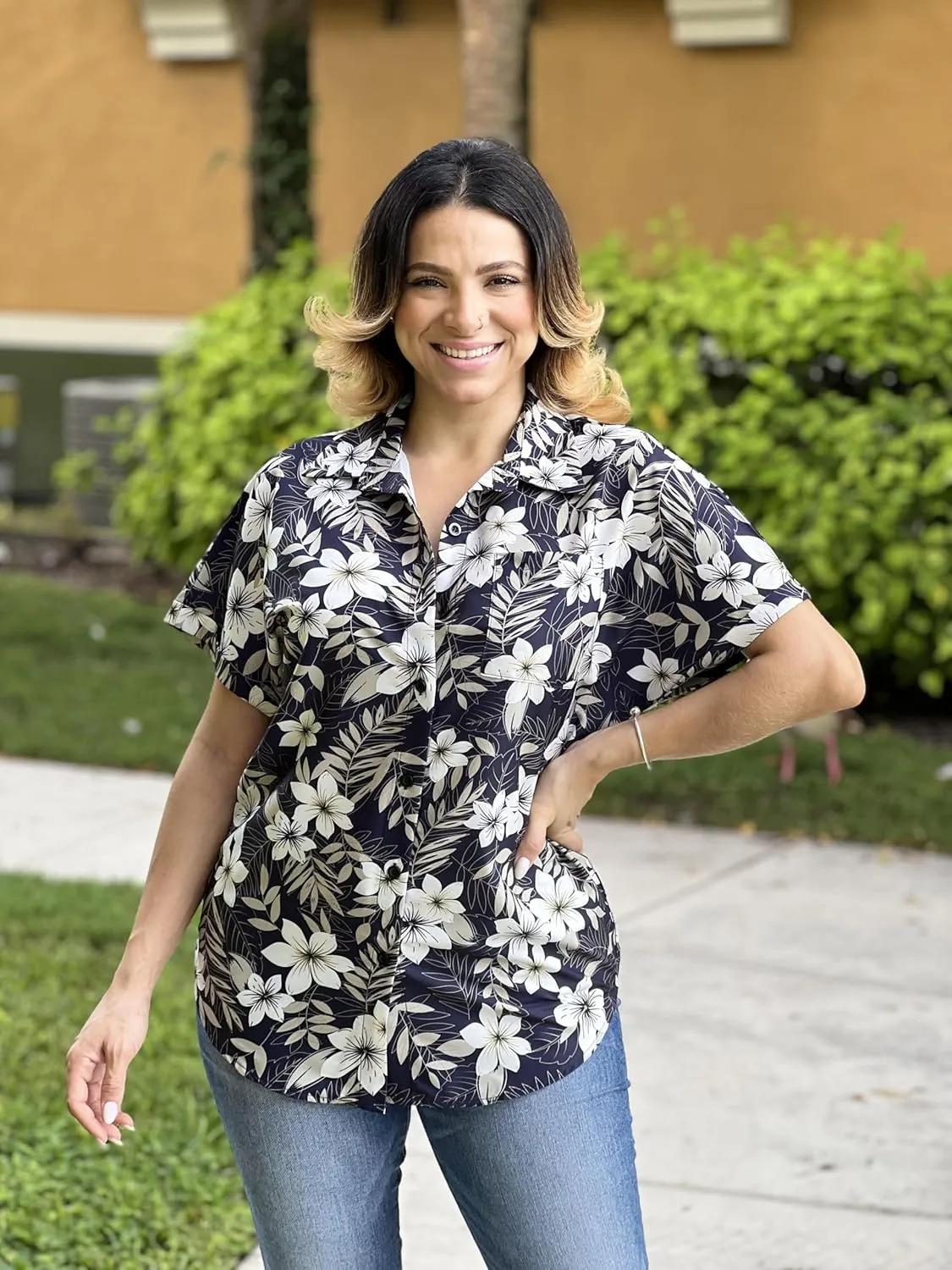 HOTOUCH Hawaiian Shirts for Women Summer Cool Hawaii Floral Tropic Print Blouses Beach Short Sleeve Button Up Tops