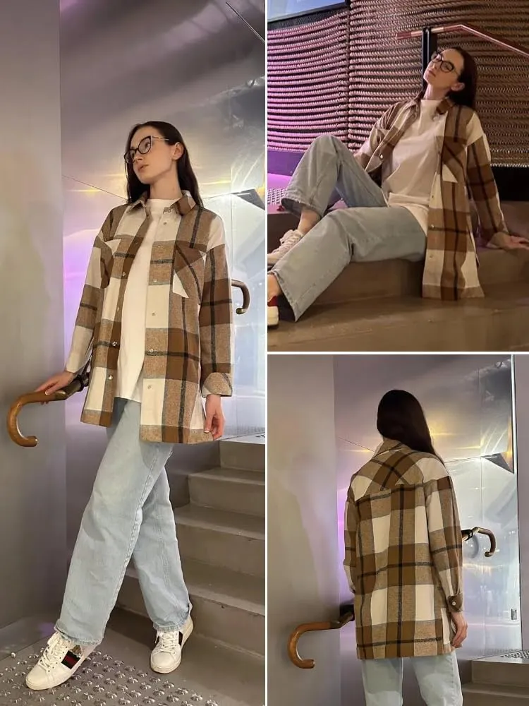 HOTOUCH Womens Flannel Jacket Long Plaid Shacket Casual Snap Button Tartan Trench Coat Long Sleeve Shirts with Pockets