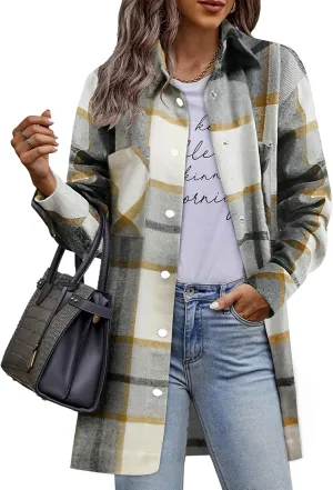 HOTOUCH Womens Flannel Jacket Long Plaid Shacket Casual Snap Button Tartan Trench Coat Long Sleeve Shirts with Pockets