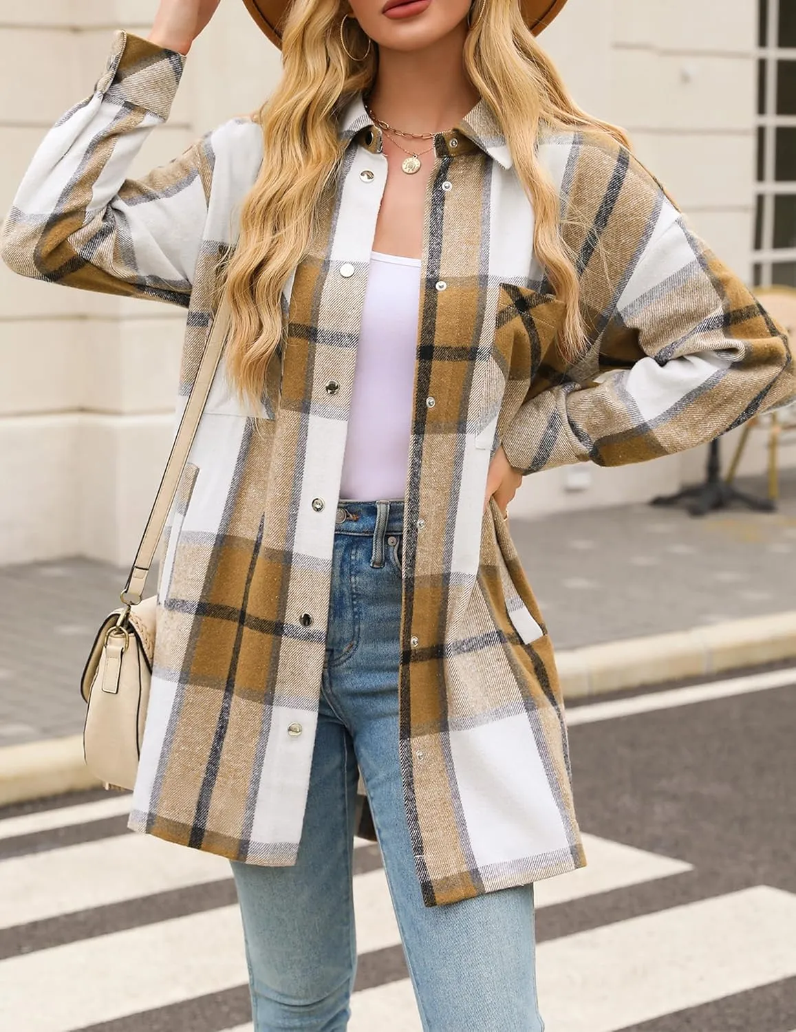 HOTOUCH Womens Flannel Jacket Long Plaid Shacket Casual Snap Button Tartan Trench Coat Long Sleeve Shirts with Pockets