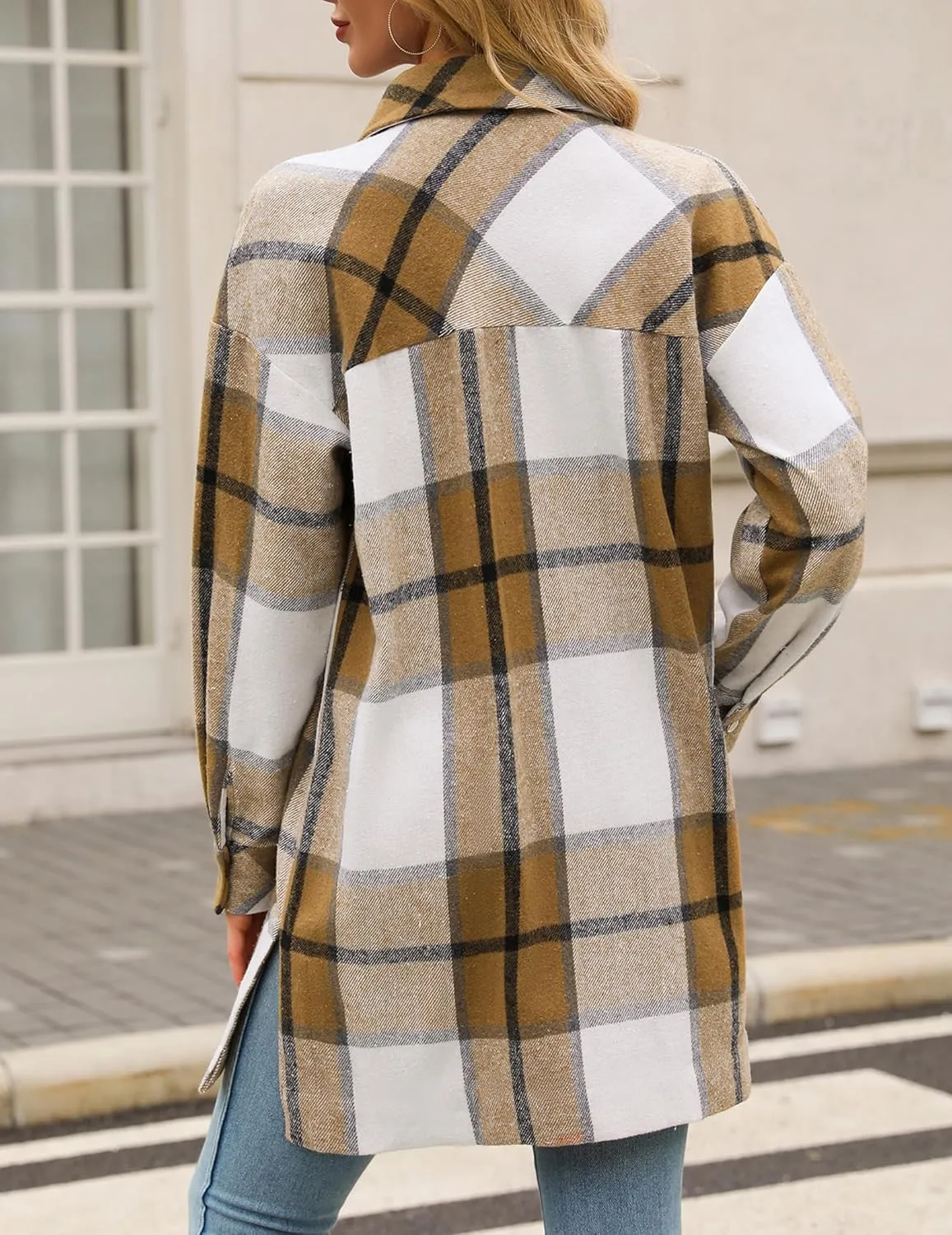 HOTOUCH Womens Flannel Jacket Long Plaid Shacket Casual Snap Button Tartan Trench Coat Long Sleeve Shirts with Pockets