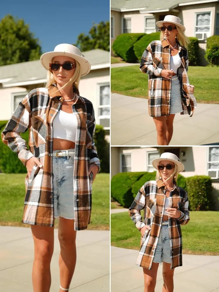 HOTOUCH Womens Flannel Jacket Long Plaid Shacket Casual Snap Button Tartan Trench Coat Long Sleeve Shirts with Pockets