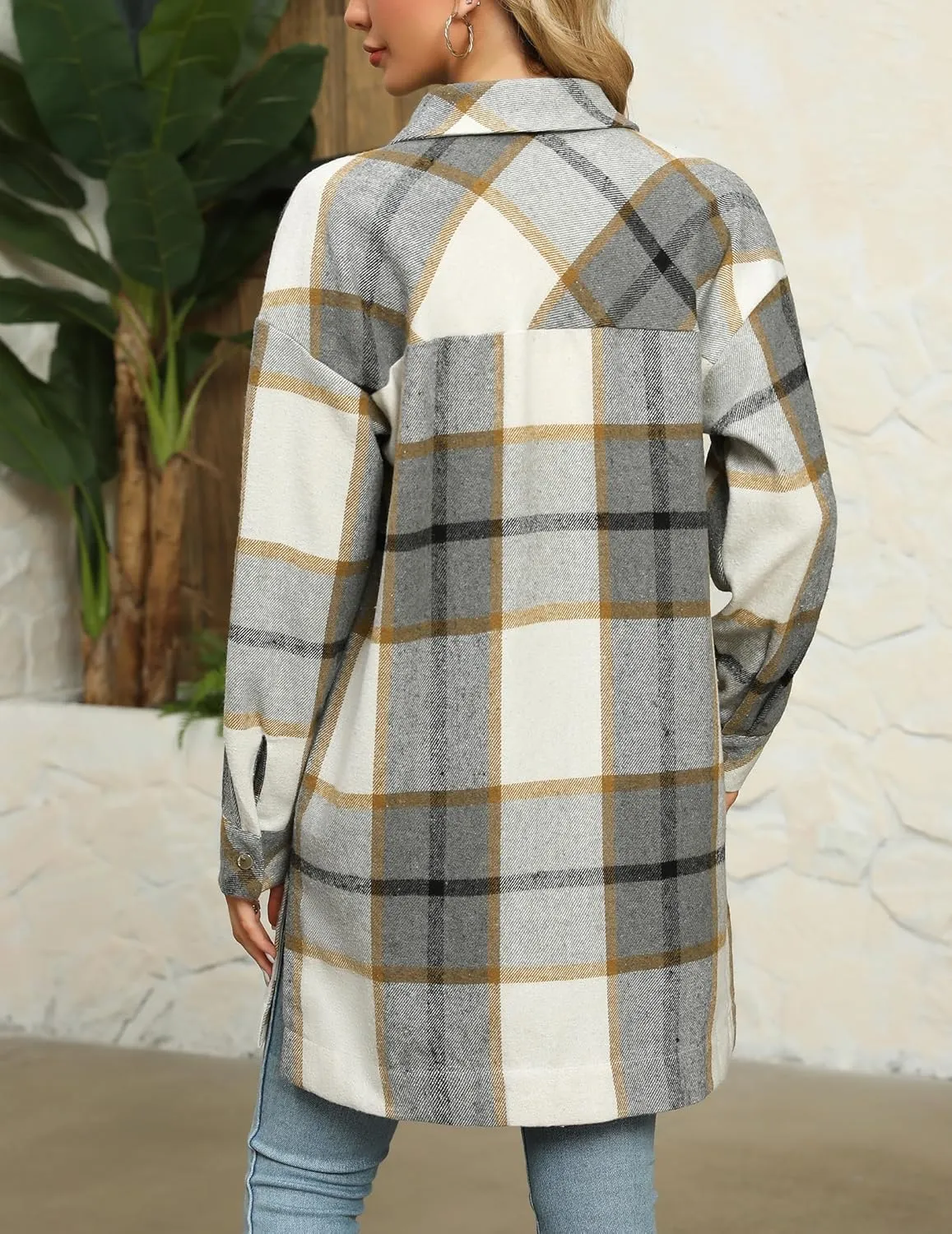 HOTOUCH Womens Flannel Jacket Long Plaid Shacket Casual Snap Button Tartan Trench Coat Long Sleeve Shirts with Pockets